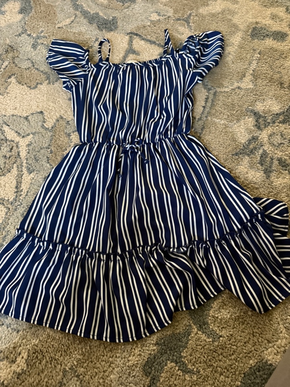 Girls Navy and White Stripe Off-Shoulder Summer Dress